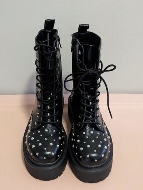 Black Studded Combat Boots - Women 7.5
